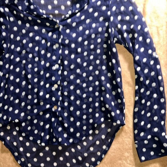 Living Doll Women Small Blue White Dot Sheer Button Down Long Sleeve Blouse (U) - Picture 2 of 7